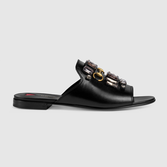 Leather Slide with Crystals Gucci